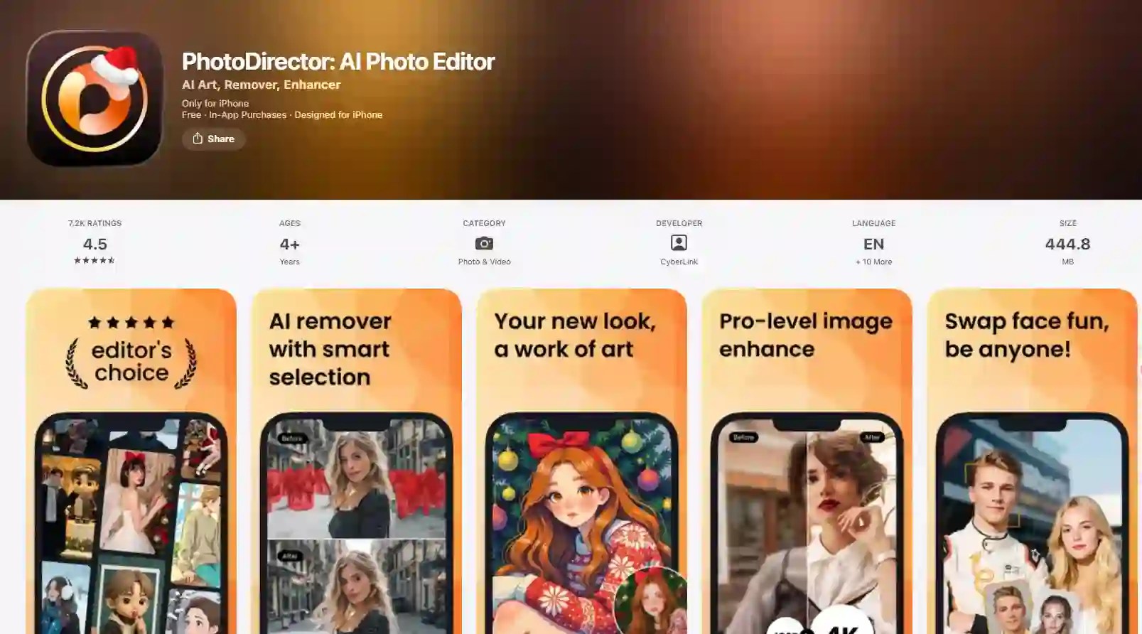 PhotoDirector interface with AI removal module; a comprehensive editor and app to remove text from image that supports layered workflows and watermark cleanup across photo and video media.