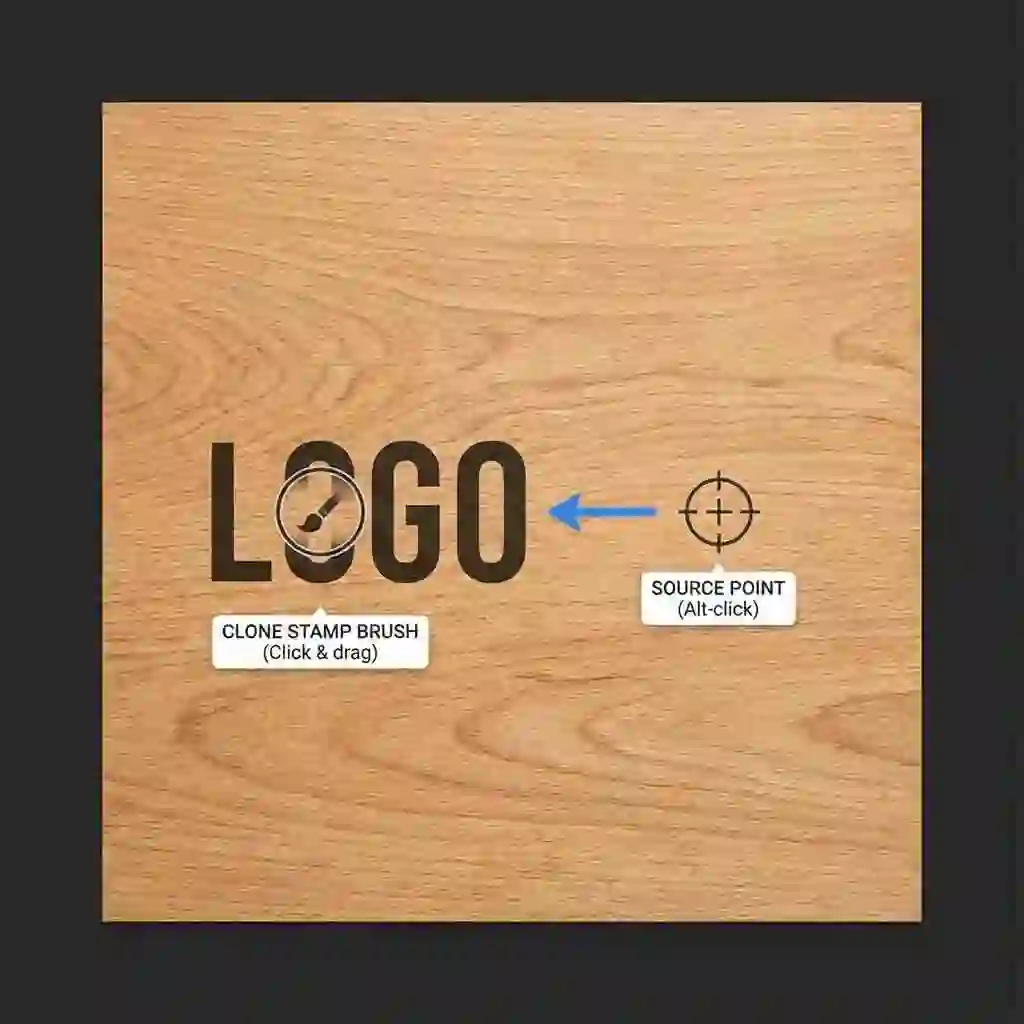 Using the Clone Stamp tool to photoshop remove text from image on complex patterns, carefully aligning source points to preserve texture direction and avoid visible seams.