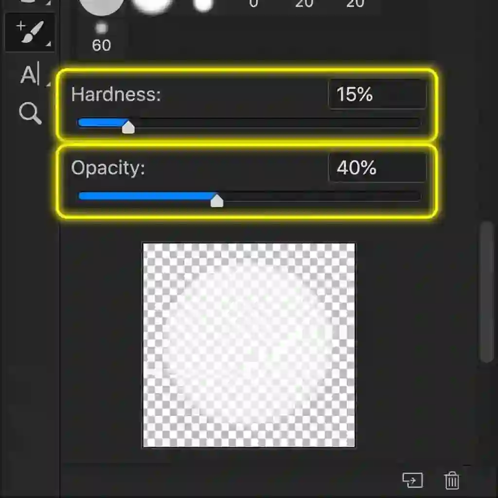Brush settings optimized to photoshop remove text from image, demonstrating hardness, spacing, and opacity controls that yield smooth blends across textured backgrounds.