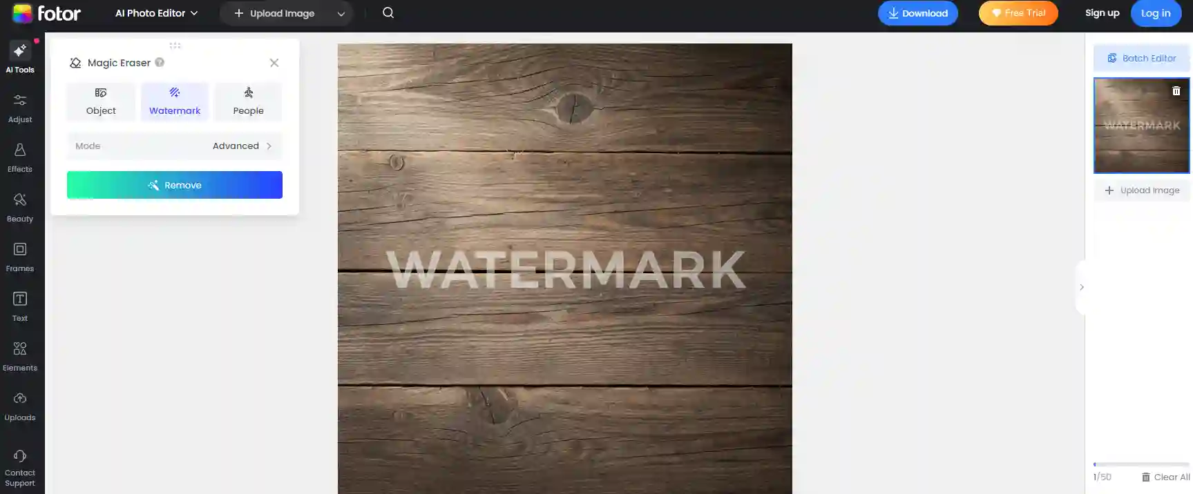 Fotor interface with AI Erase brush demonstrates semi-manual control where a free remove text from image tool combines brushing with intelligent inpainting to erase watermark text precisely on complex textures.