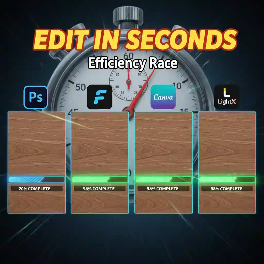 Speed comparison chart visualizes performance differences, confirming a free remove text from image tool completes in seconds while Photoshop takes minutes, enabling fast, repeatable photo cleanup for everyday editing work.
