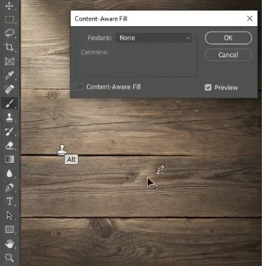 Using Photoshop Clone Stamp to refine texture around removed watermark demonstrates manual effort versus a free remove text from image tool, requiring precise sampling to maintain wood grain alignment without visible seams.