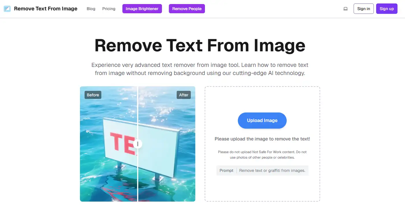 Remove Text From Image platform initial upload and automatic processing shows how a specialized remove text from image tool detects text and inpaints background intelligently with minimal effort and no manual selections.