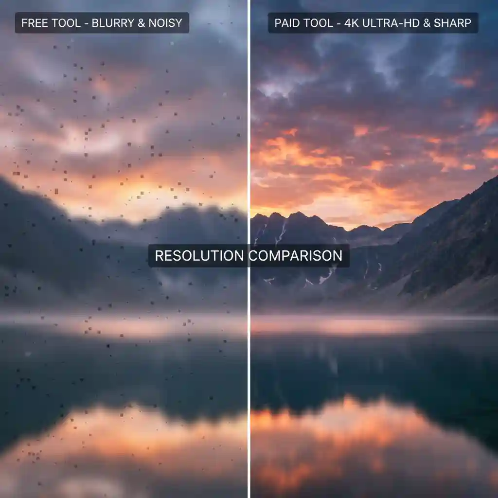 Comparison showing free versus paid workflows for AI Remove Text from Image, clarifying limits, resolution differences, and when professional tools are worth it.