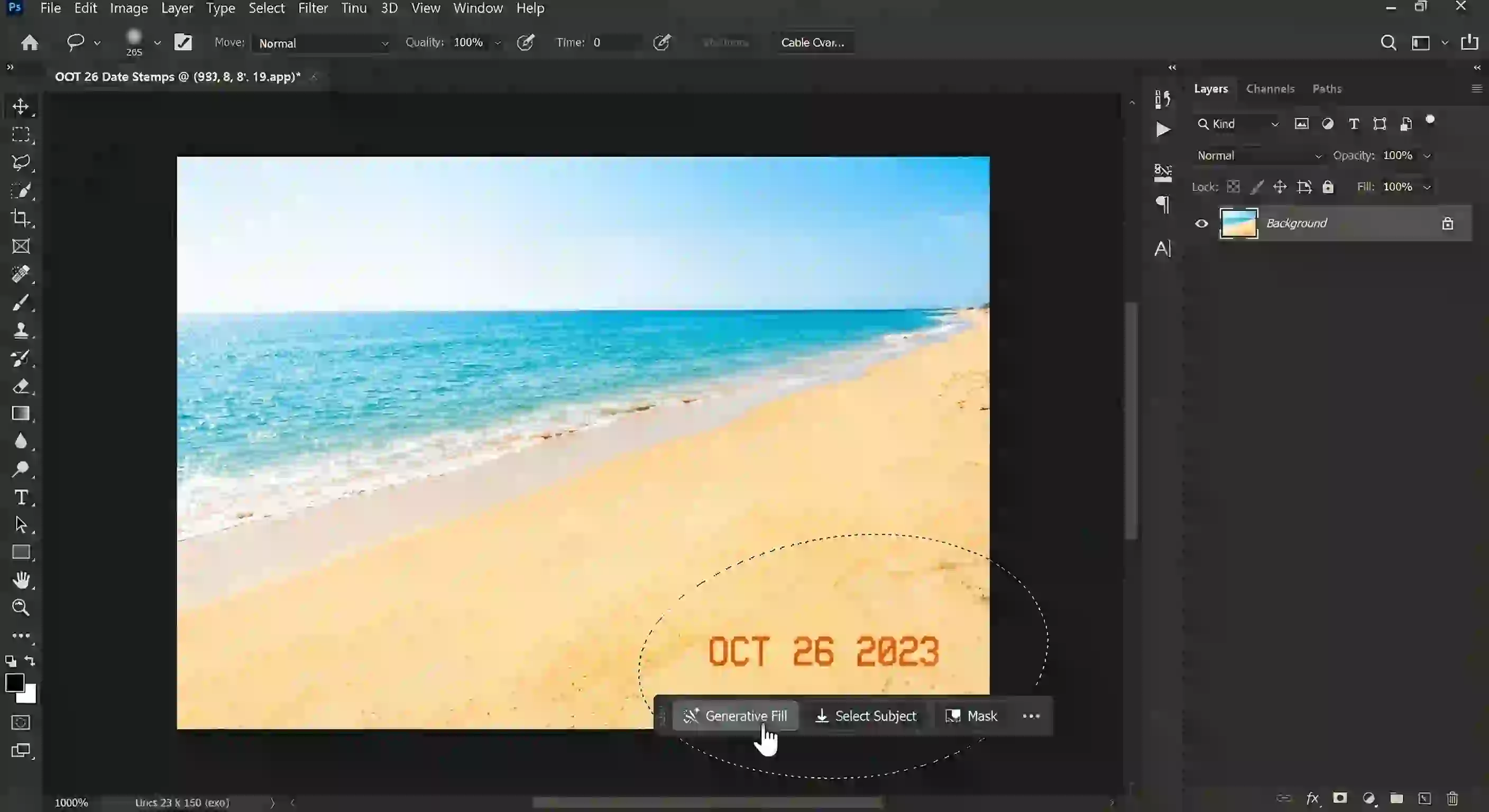 Selecting Generative Fill from the Contextual Task Bar after a loose selection; follow this workflow to remove text from image photoshop cleanly, letting AI synthesize matching texture and realistic lighting.