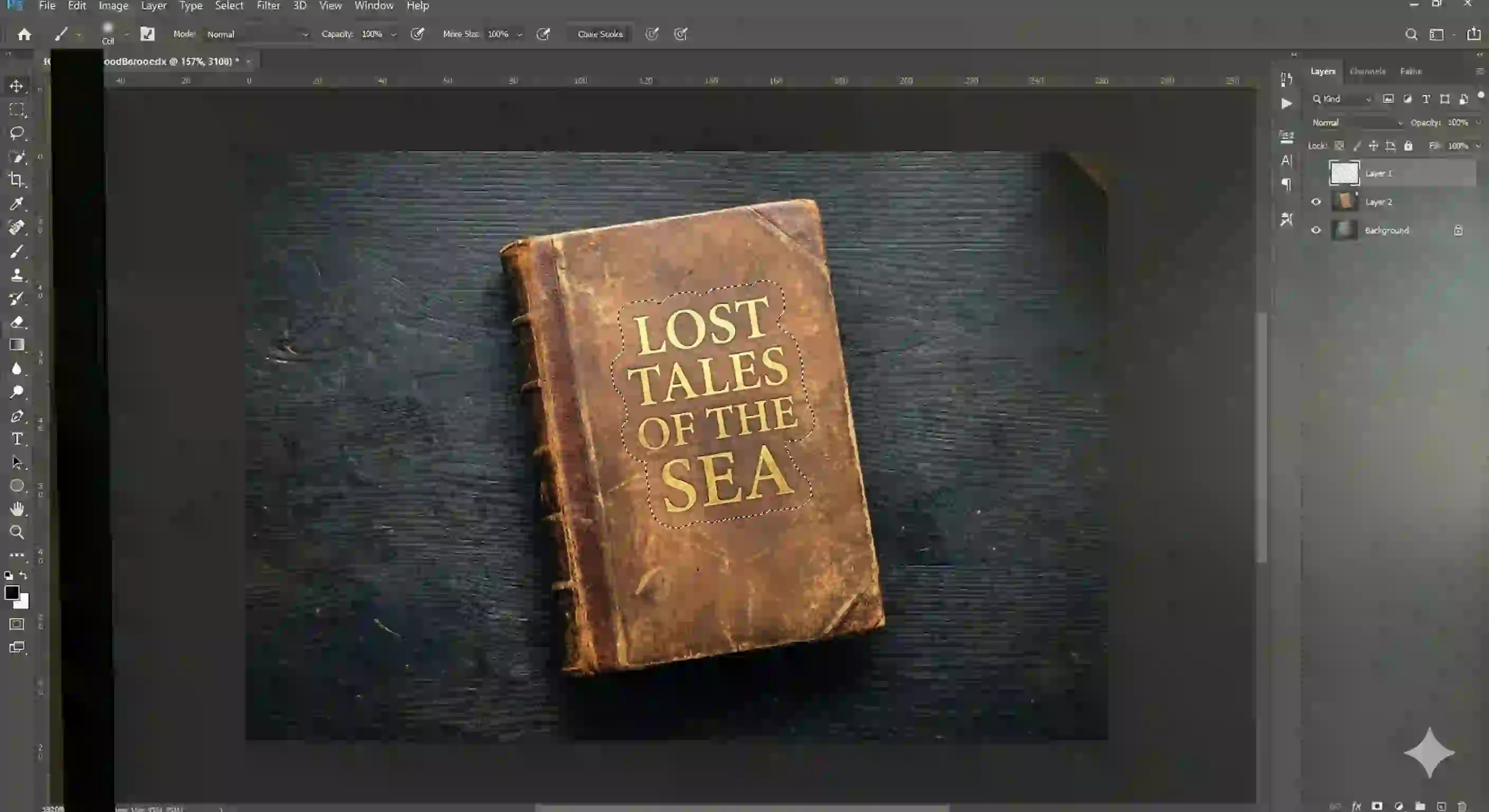 Lasso selection prepared for Content‑Aware Fill; precise bounds help remove text from image photoshop by sampling clean source pixels that match wood grain, tone, shadows, and perspective for believable repairs.