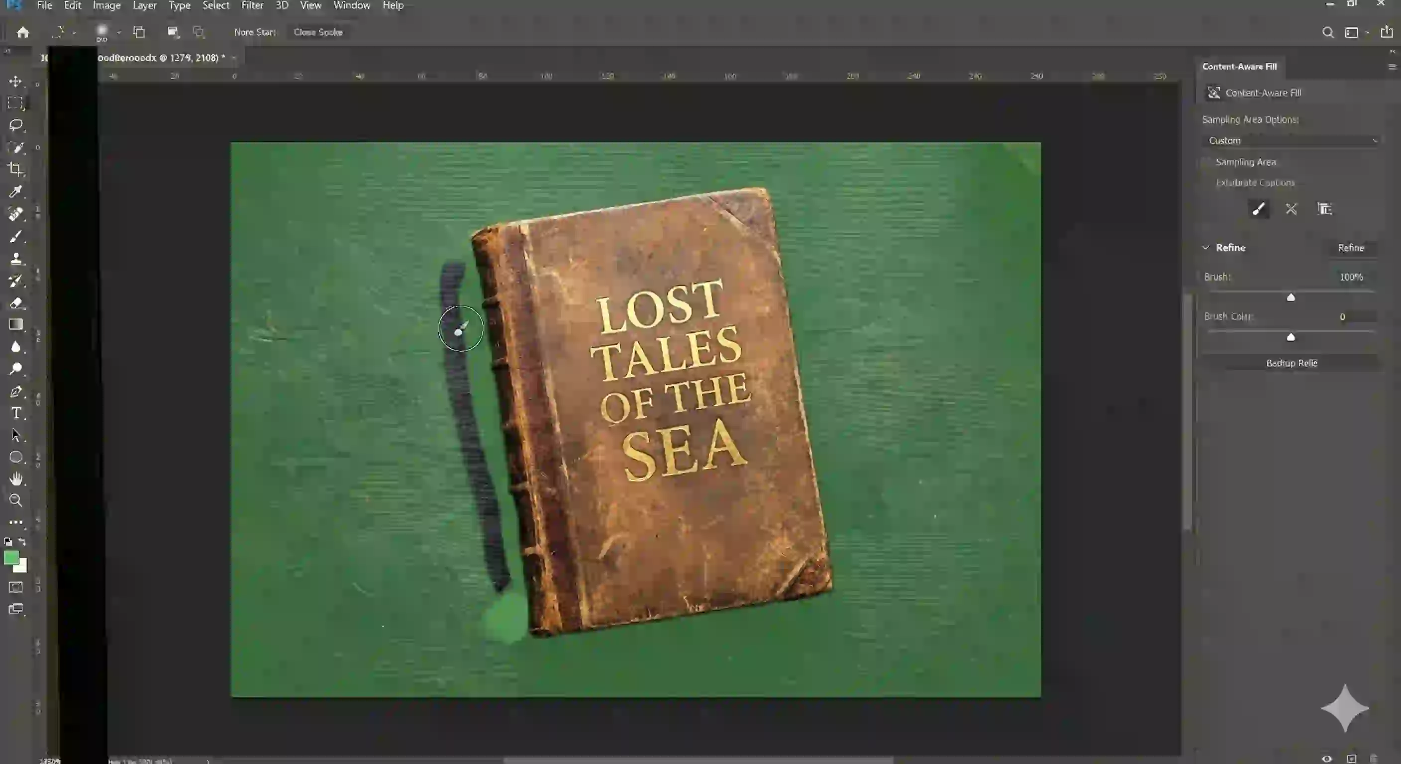 Refining the green sampling overlay to control sources; this step ensures you remove text from image photoshop using clean wood textures, avoiding contamination from book details and preserving natural surface continuity.
