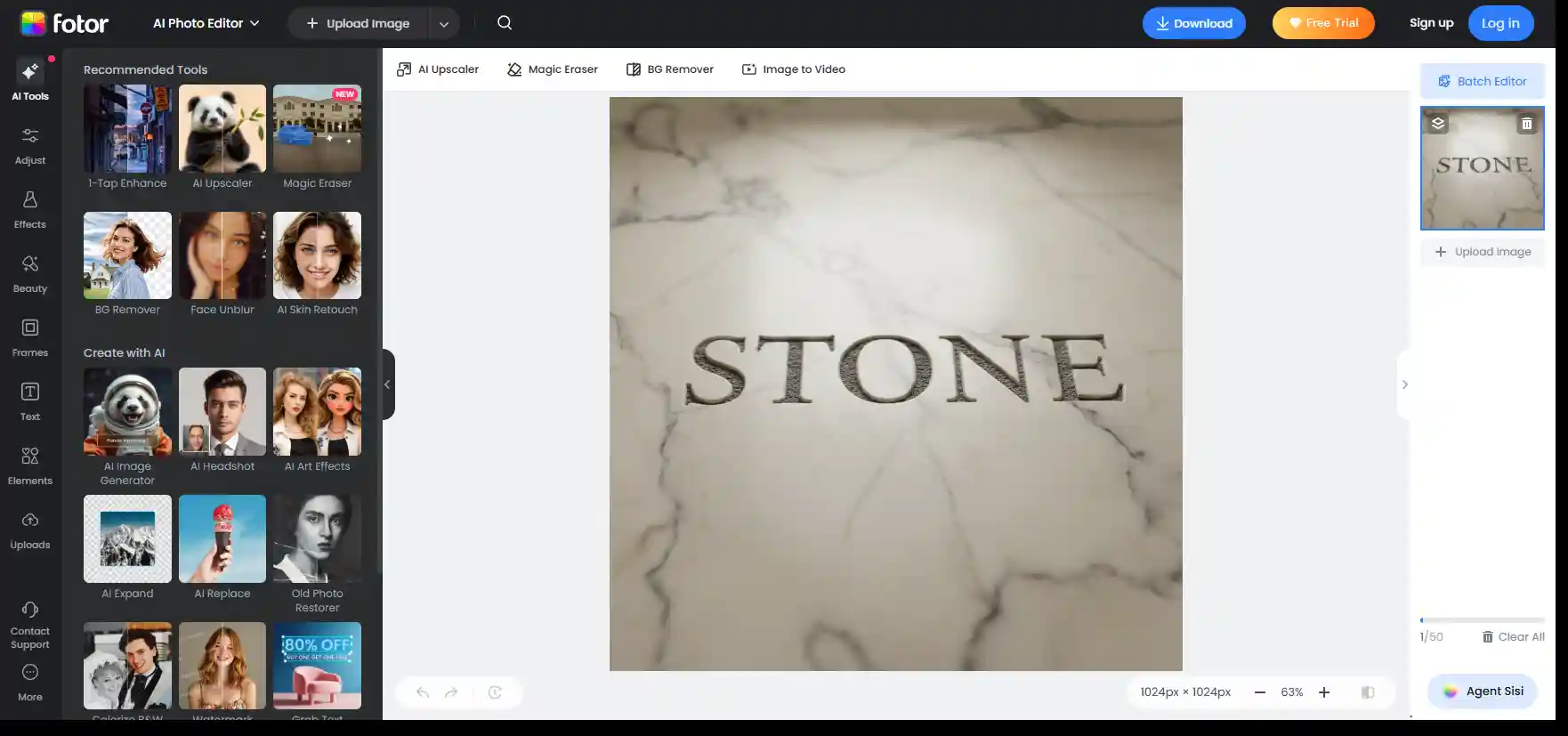 Example of Fotor’s editor where users can remove text from image ai free and continue with adjustments like brightness, contrast, cropping, and object removal for comprehensive online photo cleanup.