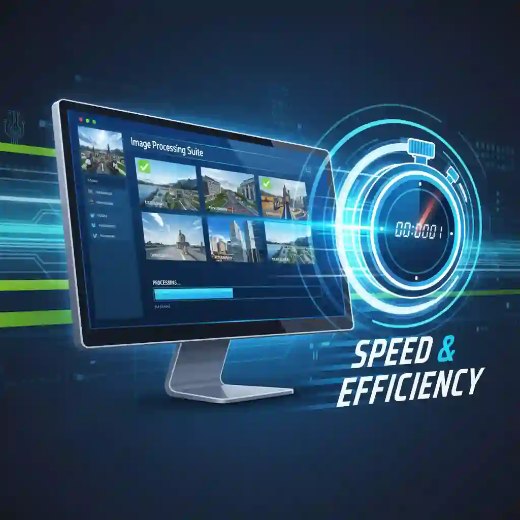 Processing speed benchmark with stopwatch graphic, showing faster cleanup when using the beardless filter to remove words from pictures, reducing wait times and improving throughput for batch image text removal workflows.
