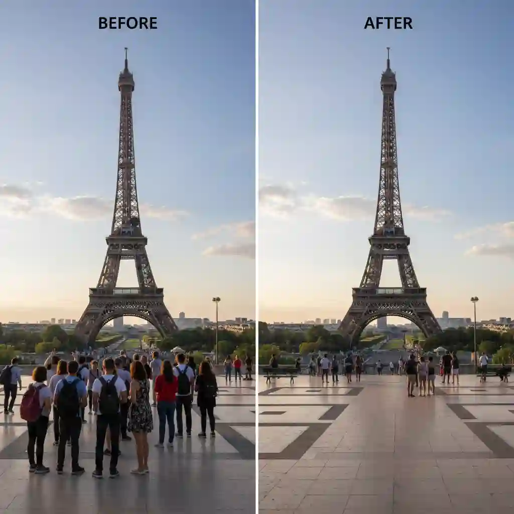 Object removal scenario demonstrates can ai remove text from an image and unwanted tourists, producing clean compositions for travel photos without manual masking.